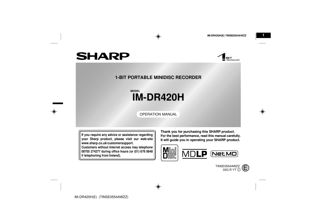 Sharp operation manual Bitportable Minidisc Recorder, IM-DR420HETINSE0554AWZZ 