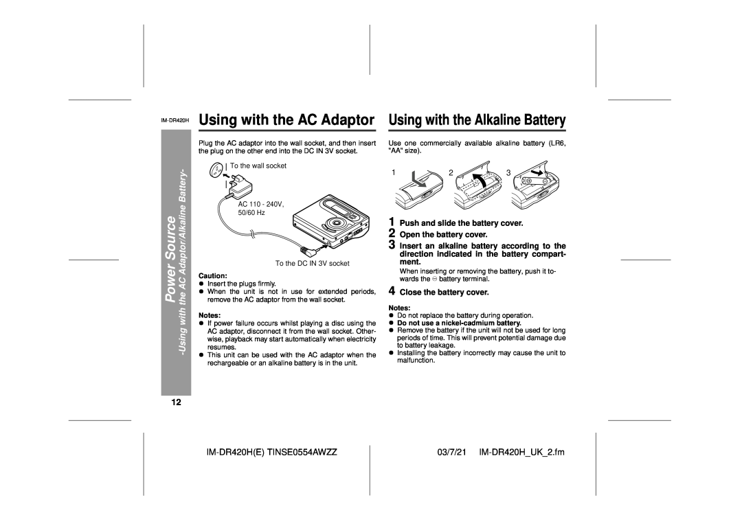 Sharp operation manual IM-DR420HETINSE0554AWZZ, 03/7/21 IM-DR420H UK 2.fm, Do not use a nickel-cadmiumbattery 