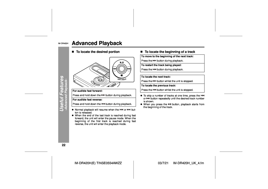Sharp IM-DR420H operation manual Advanced Playback, Useful Features -AdvancedPlayback, To locate the desired portion 