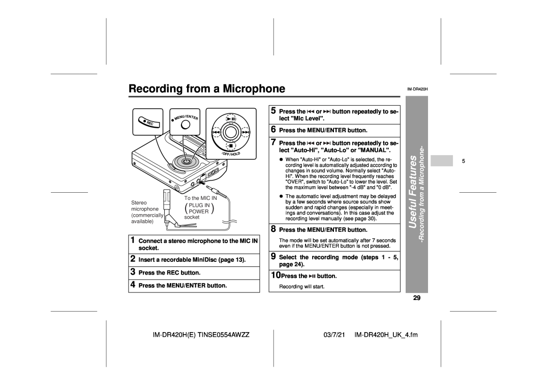 Sharp operation manual Recording from a Microphone, Useful Features -Recordingfrom a Microphone, IM-DR420HETINSE0554AWZZ 