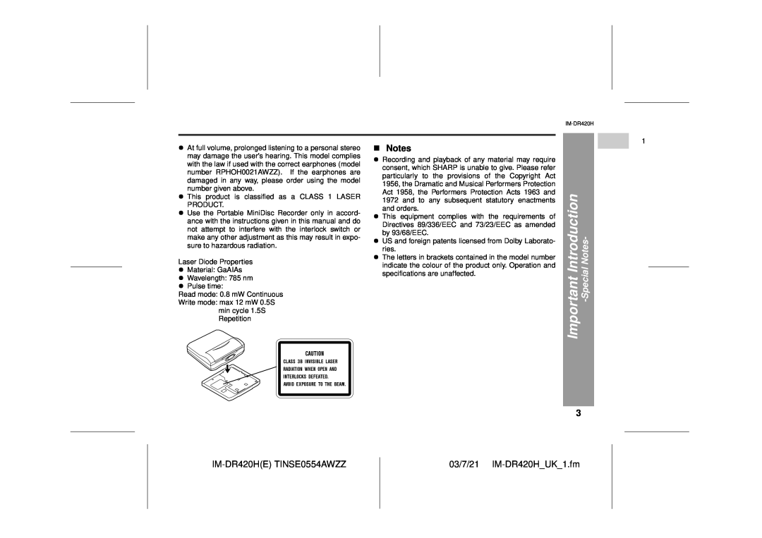 Sharp operation manual Important Introduction, SpecialNotes, IM-DR420HETINSE0554AWZZ, 03/7/21 IM-DR420H UK 1.fm 