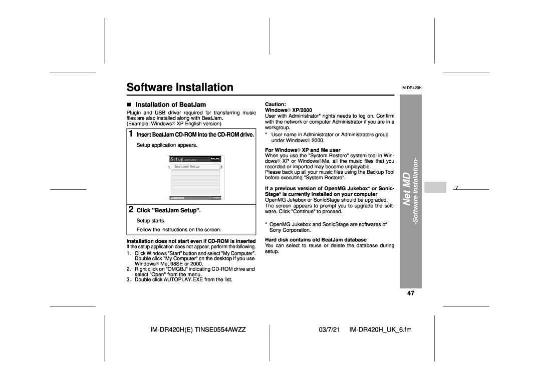 Sharp Software Installation, Installation of BeatJam, Net MD -SoftwareInstallation, IM-DR420HETINSE0554AWZZ 