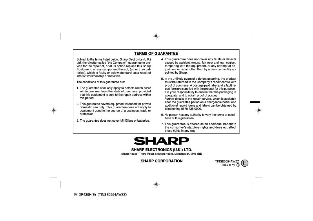 Sharp operation manual Terms Of Guarantee, Sharp Corporation, IM-DR420HETINSE0554AWZZ 