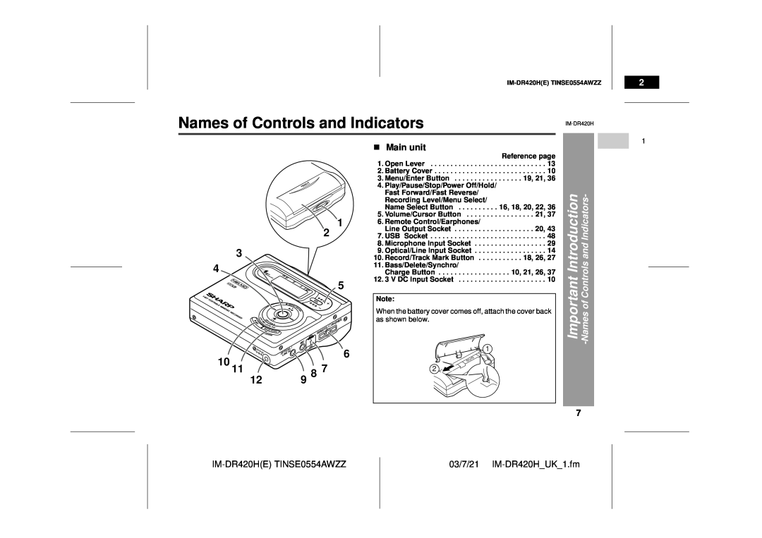 Sharp Names of Controls and Indicators, 1 2 3 4, Main unit, IM-DR420HETINSE0554AWZZ, 03/7/21 IM-DR420H UK 1.fm 