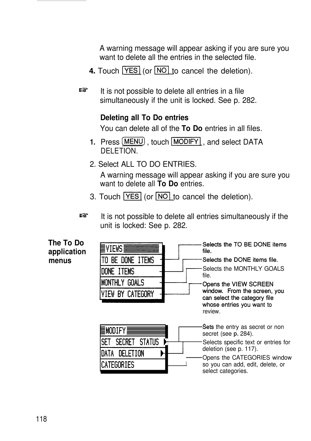 Sharp IQ-8920, IQ-8900 manual Touch l-1 or 1x1 to cancel the deletion, Deleting all To Do entries, 118 