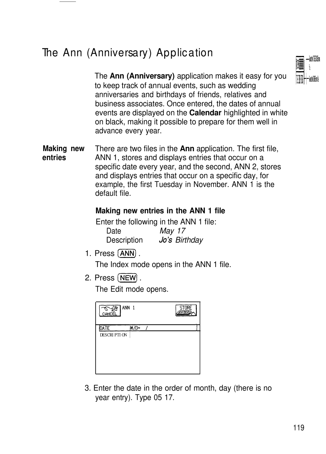 Sharp IQ-8900 Ann Anniversary Application, Making new entries in the ANN 1 file, Enter the following in the ANN 1 file 