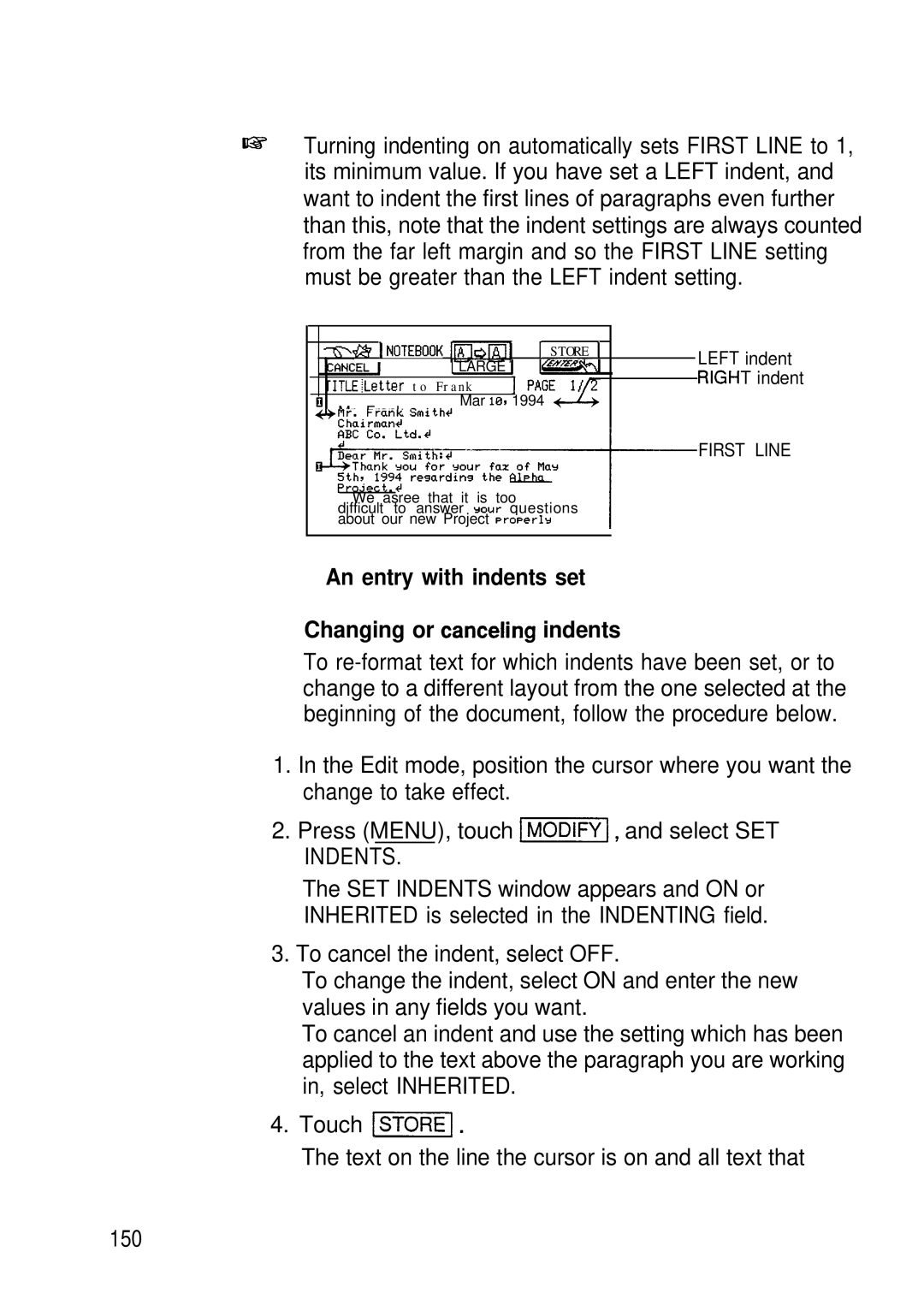 Sharp IQ-8920, IQ-8900 manual An entry with indents set Changing or canceling indents 