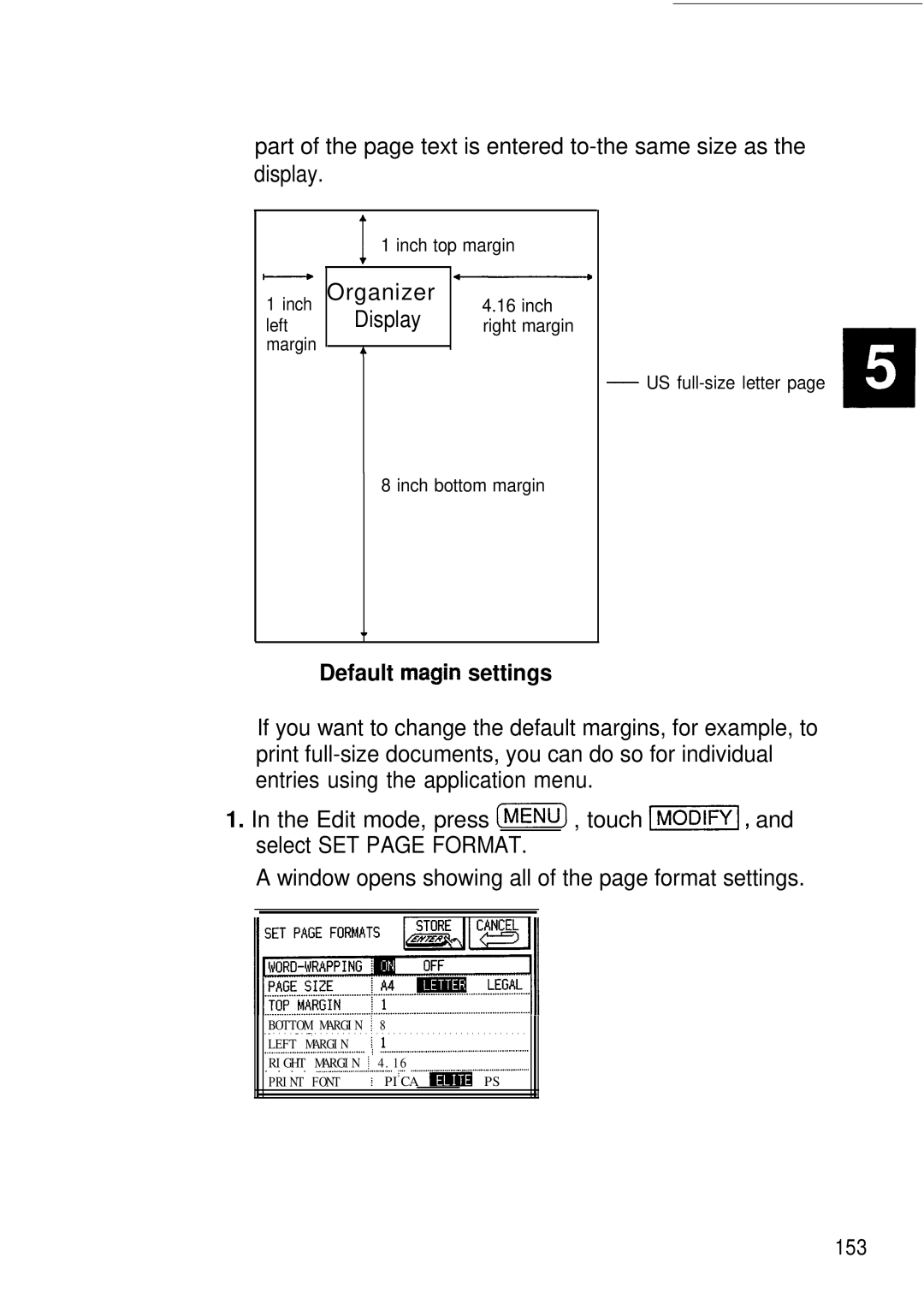 Sharp IQ-8900, IQ-8920 manual Organizer, Display, Default magin settings 