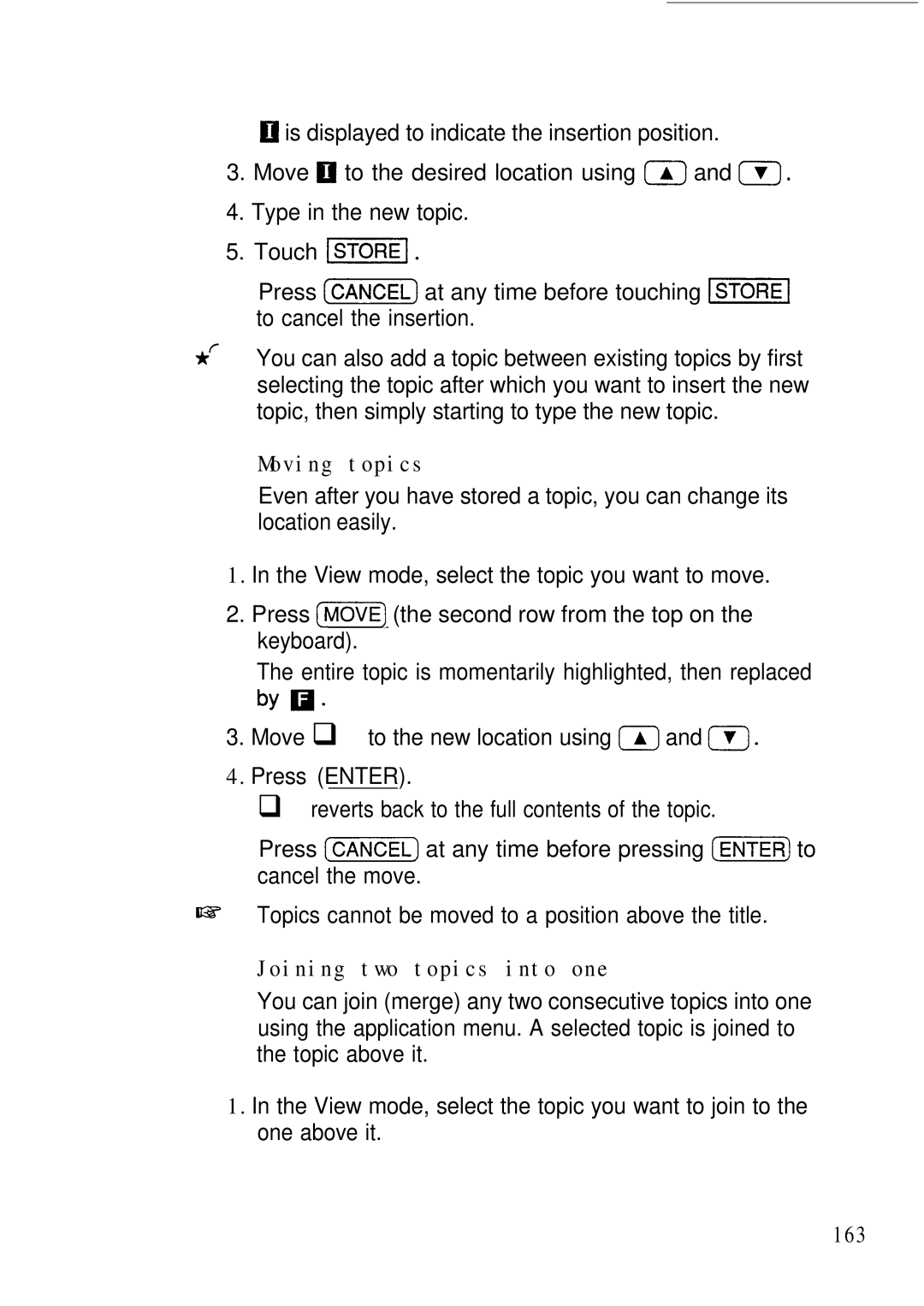 Sharp IQ-8900, IQ-8920 manual Moving topics, Joining two topics into one, 163 