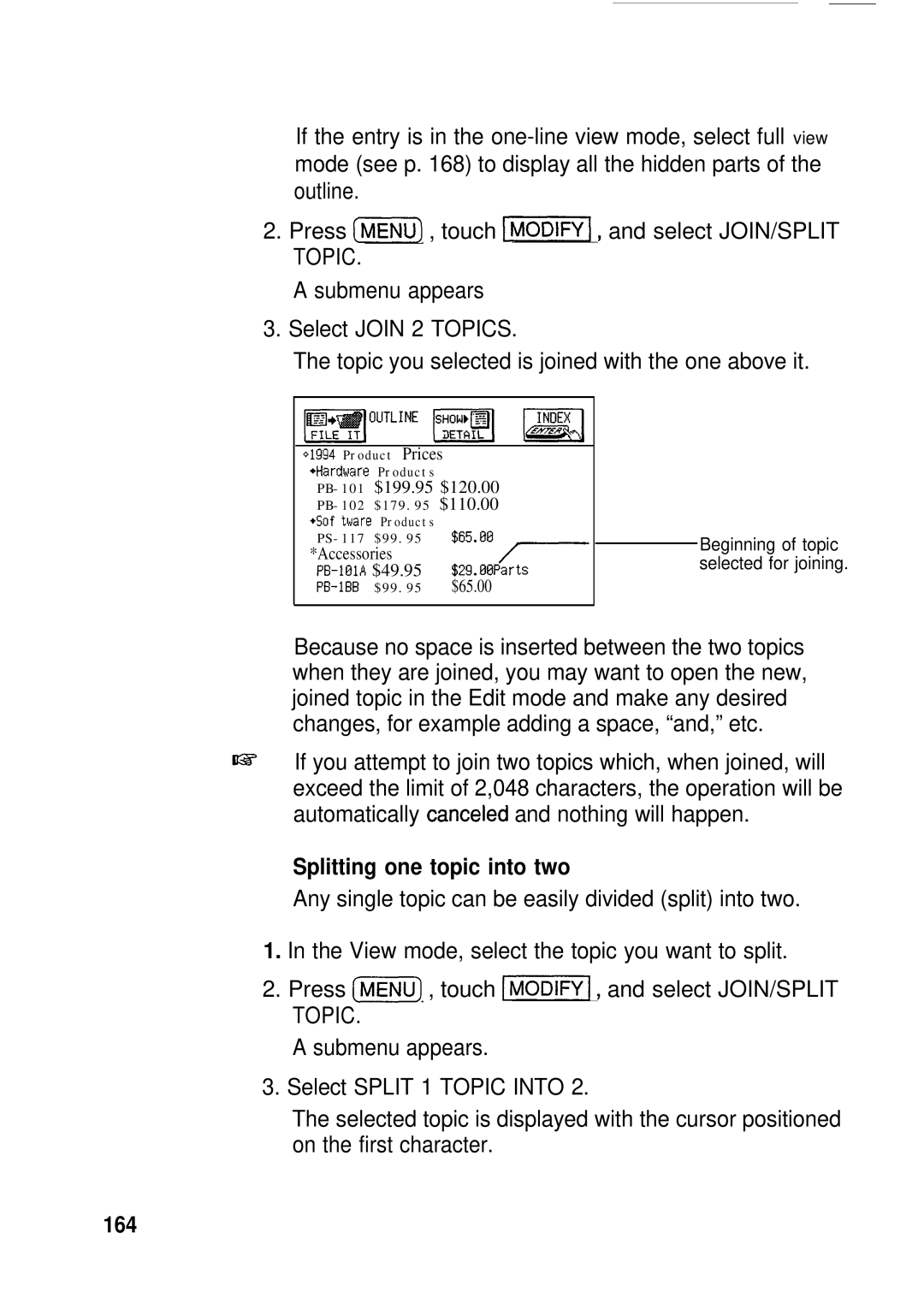 Sharp IQ-8920, IQ-8900 manual Splitting one topic into two, 164 