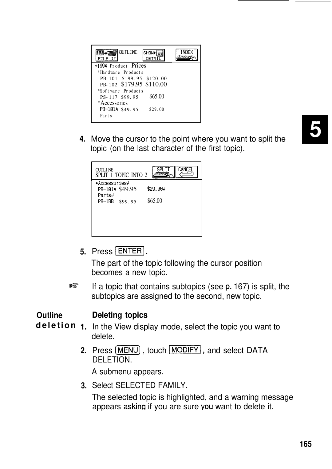 Sharp IQ-8900, IQ-8920 manual Outline Deleting topics, 165 