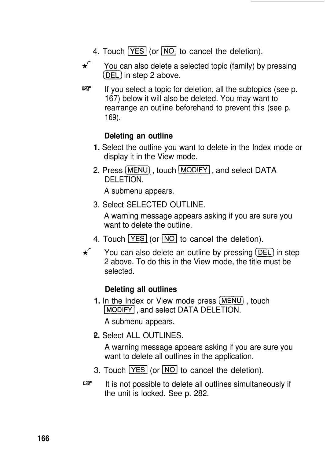 Sharp IQ-8920, IQ-8900 manual 169, Deleting an outline, Deleting all outlines, 166 