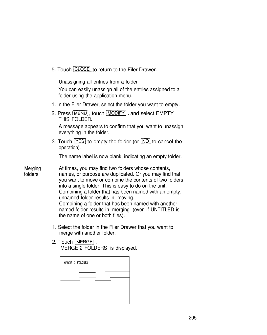 Sharp IQ-8900, IQ-8920 manual Touch -1 to return to the Filer Drawer, Unassigning all entries from a folder, 205 