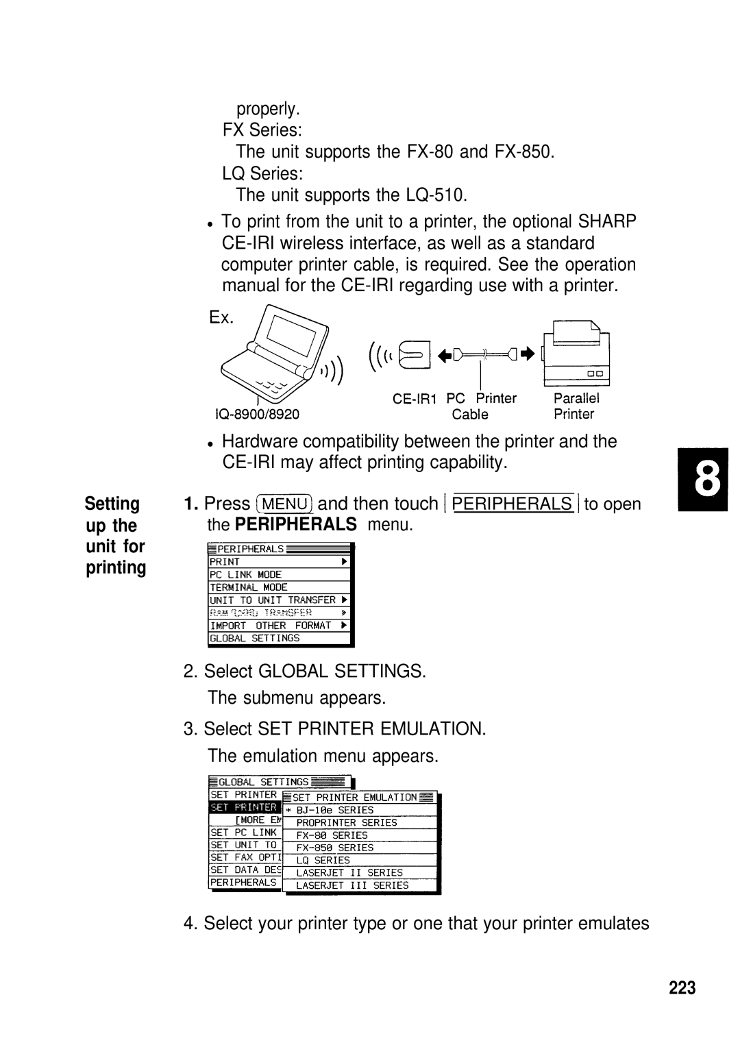 Sharp IQ-8900, IQ-8920 manual Select your printer type or one that your printer emulates, 223 