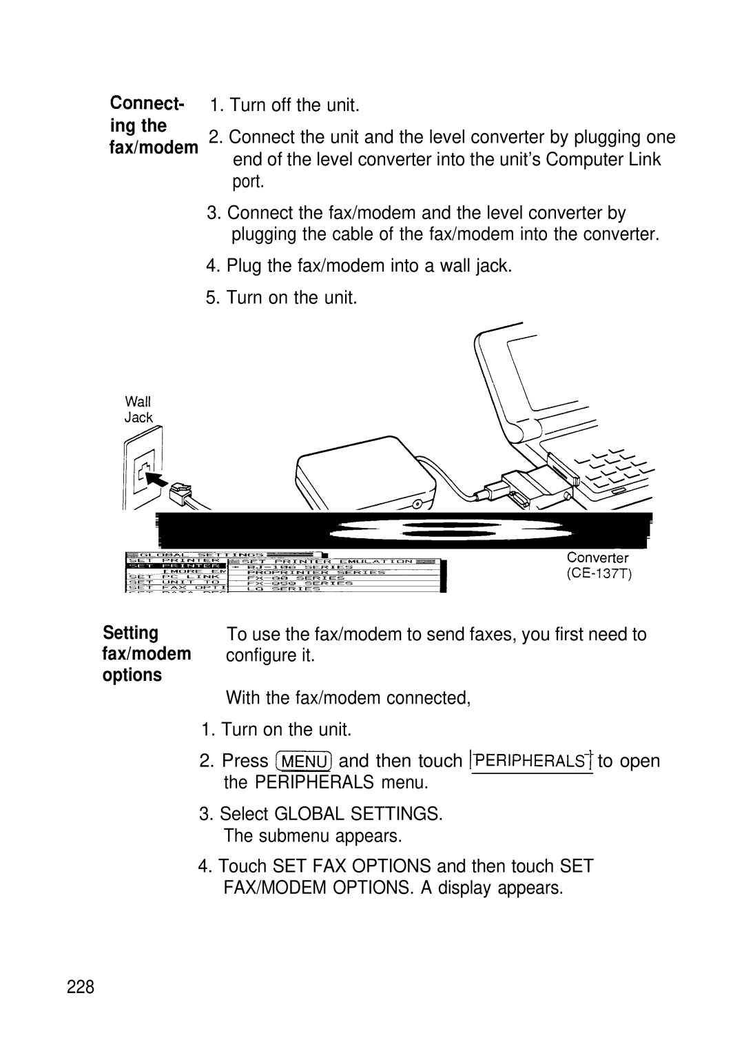 Sharp IQ-8920, IQ-8900 manual Plug the fax/modem into a wall jack Turn on the unit, Setting, 228 