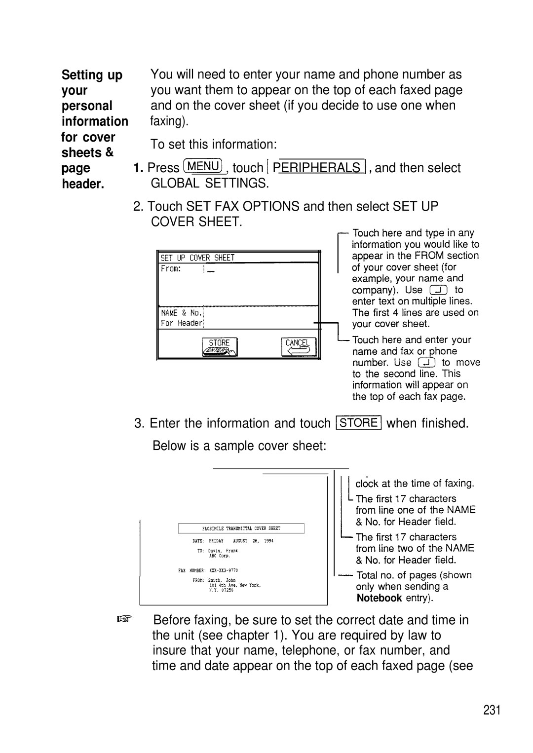 Sharp IQ-8900, IQ-8920 manual Global Settings, Touch SET FAX Options and then select SET UP Cover Sheet, 231 