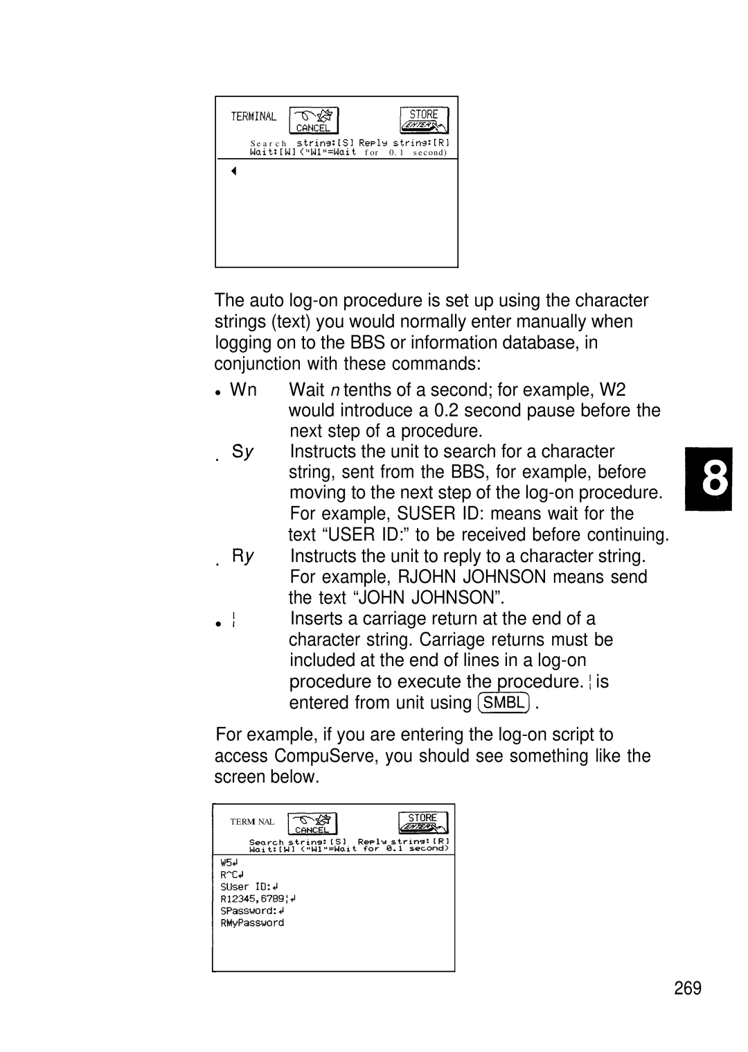 Sharp IQ-8900 Instructs the unit to reply to a character string, For example, Rjohn Johnson means send, Text John Johnson 