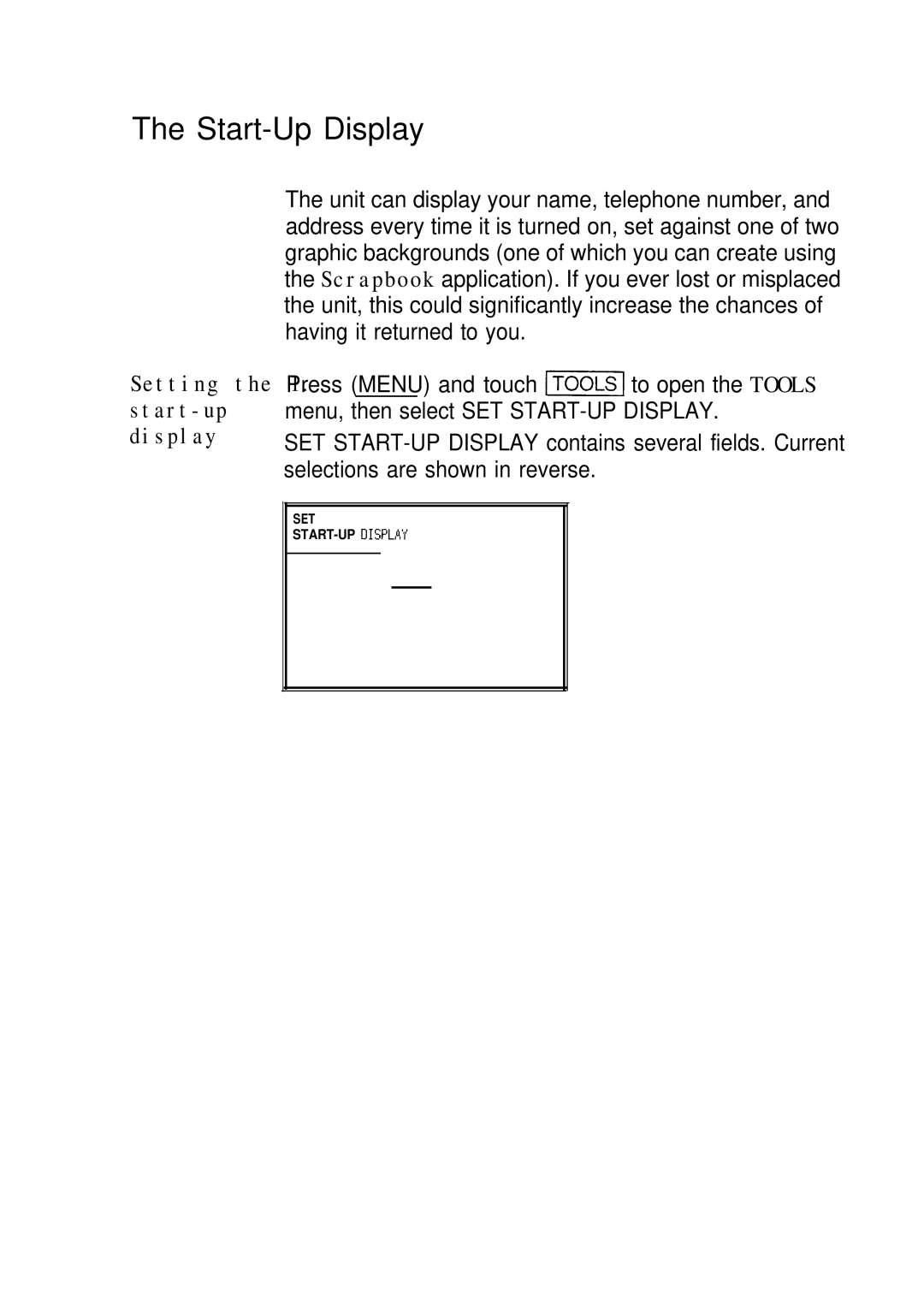 Sharp IQ-8920 Setting the 1. start-up display, Start-Up, On Turns on a user-specified display upon start-up, Background 