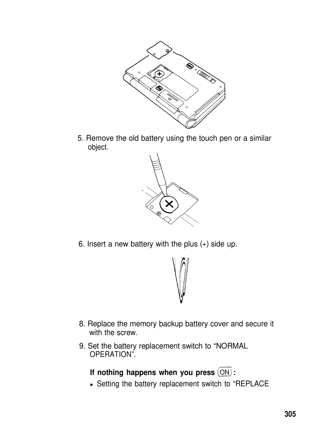 Sharp IQ-8900, IQ-8920 manual If nothing happens when you press ONj, Setting the battery replacement switch to Replace, 305 