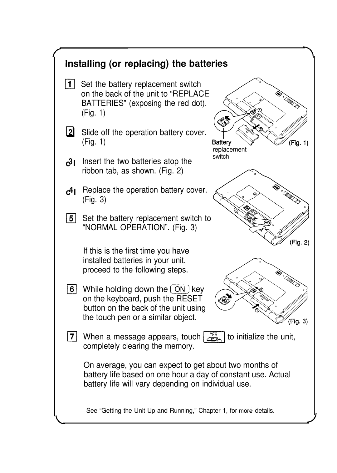 Sharp IQ-8920 Installing or replacing the batteries, C4l Replace the operation battery cover. Fig, Normal OPERATION. Fig 