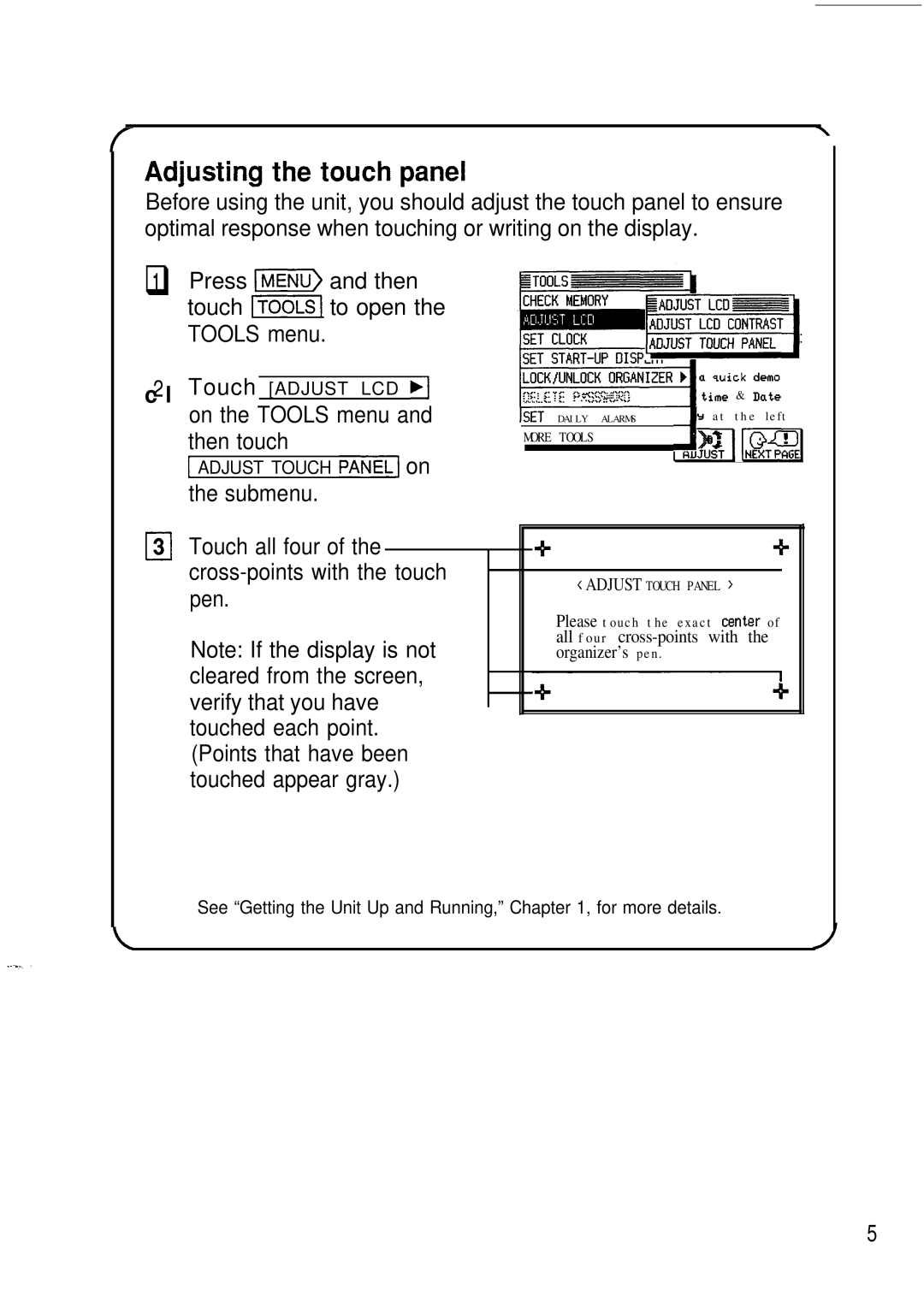 Sharp IQ-8900, IQ-8920 manual Adjusting the touch panel, Q1 Press m and then touch v to open the Tools menu, Submenu 