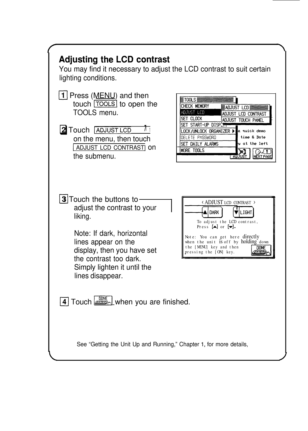 Sharp IQ-8920, IQ-8900 manual Adjusting the LCD contrast, On the menu, then touch, Touch K when you are finished 