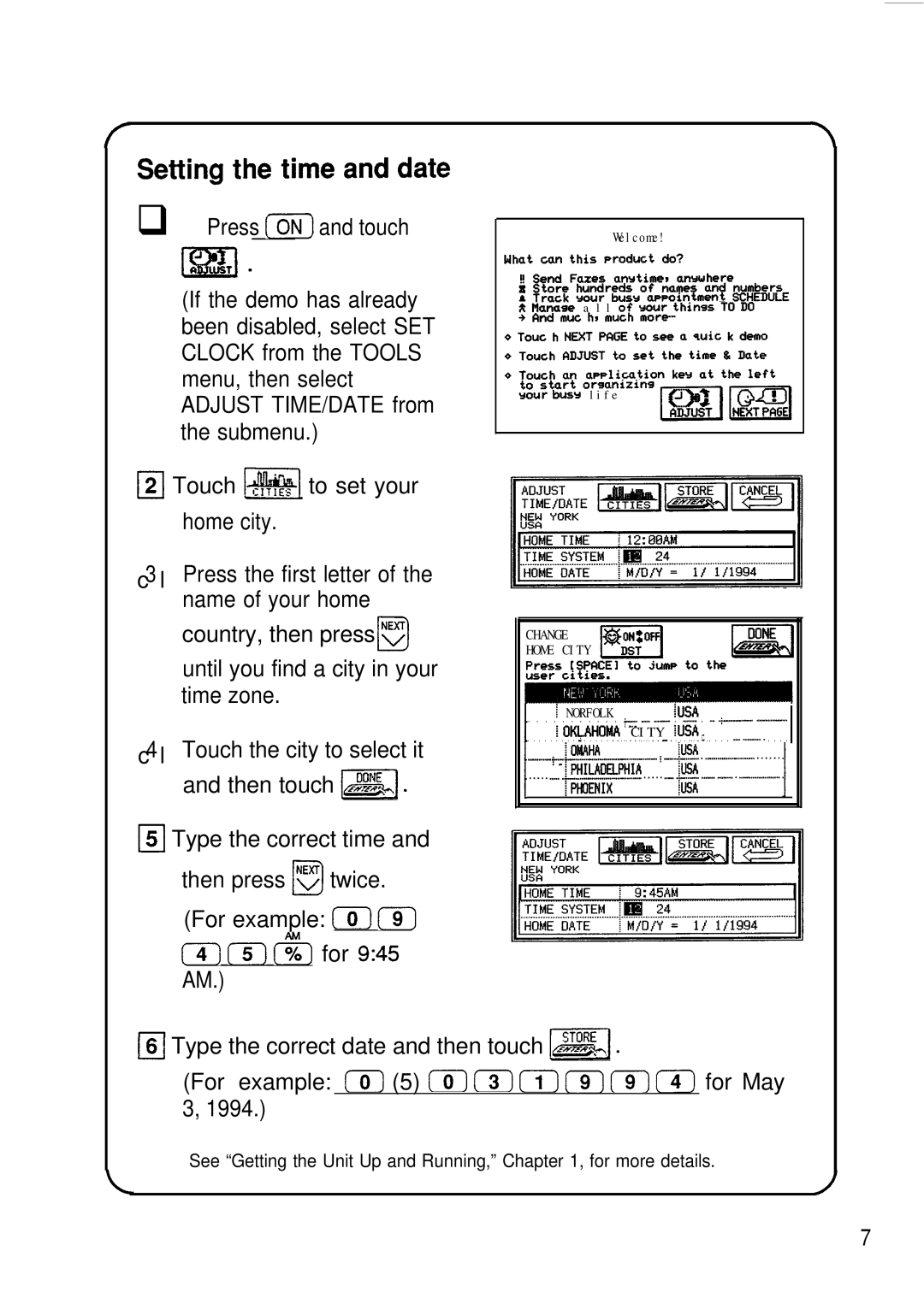 Sharp IQ-8900, IQ-8920 manual Setting the time and date, Press on and touch 