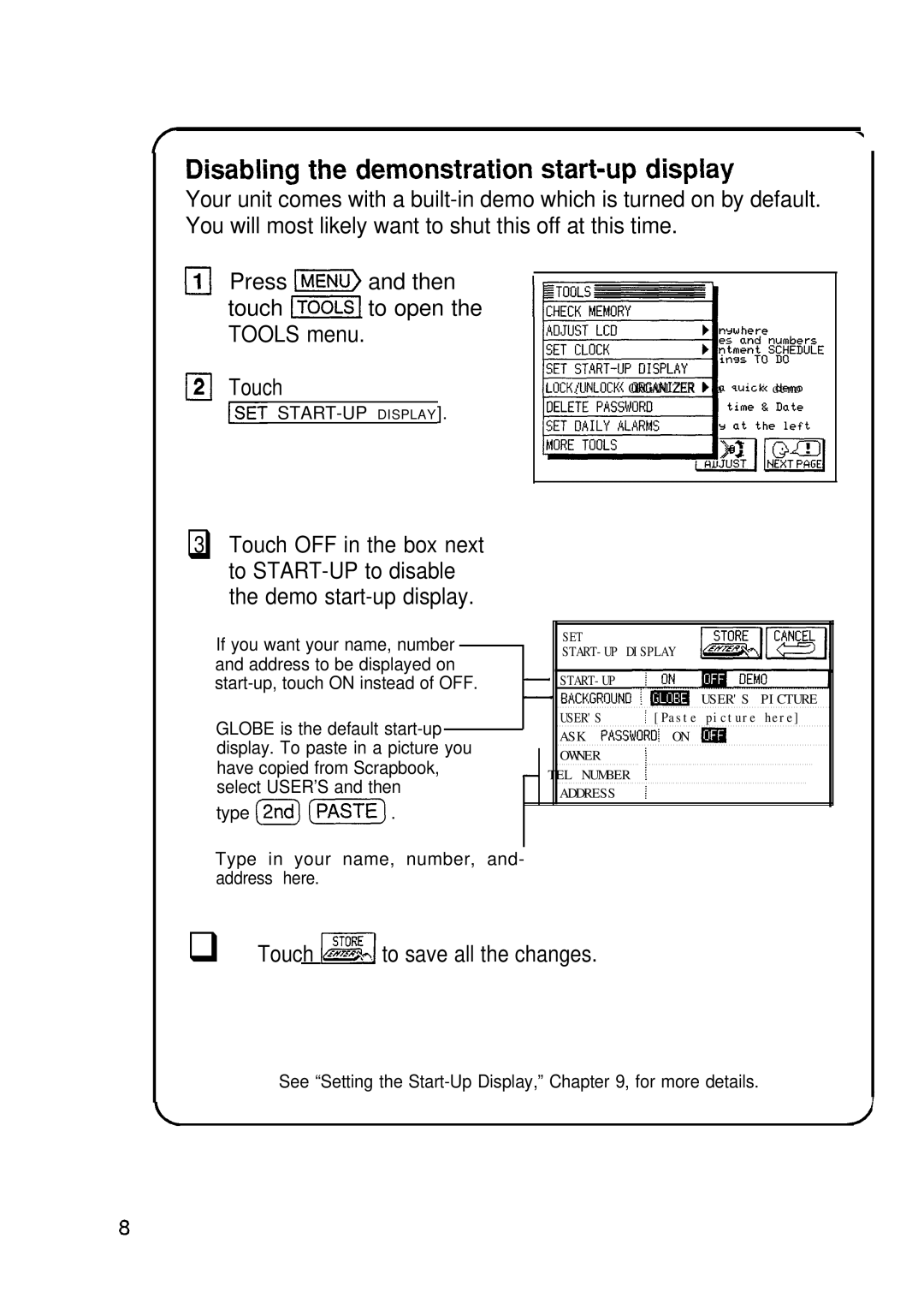Sharp IQ-8920, IQ-8900 manual Disabling the demonstration start-up display, Touch m to save all the changes 