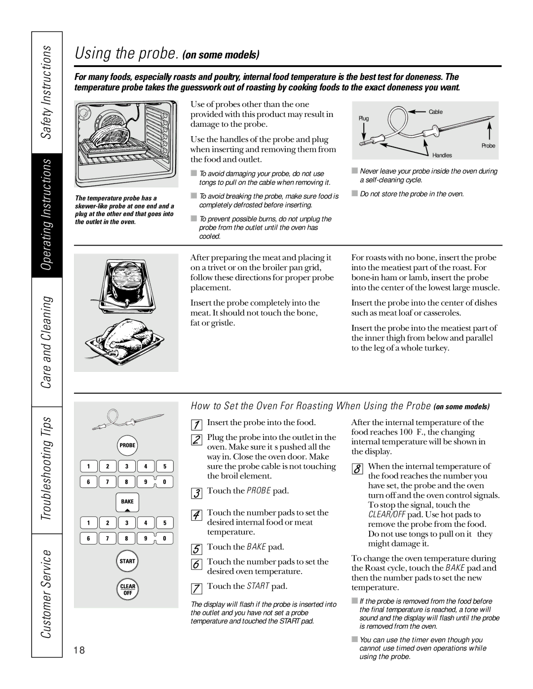 Sharp JB960, JBP85, JB940, JB965 owner manual Using the probe. on some models, Operating Instructions Safety 