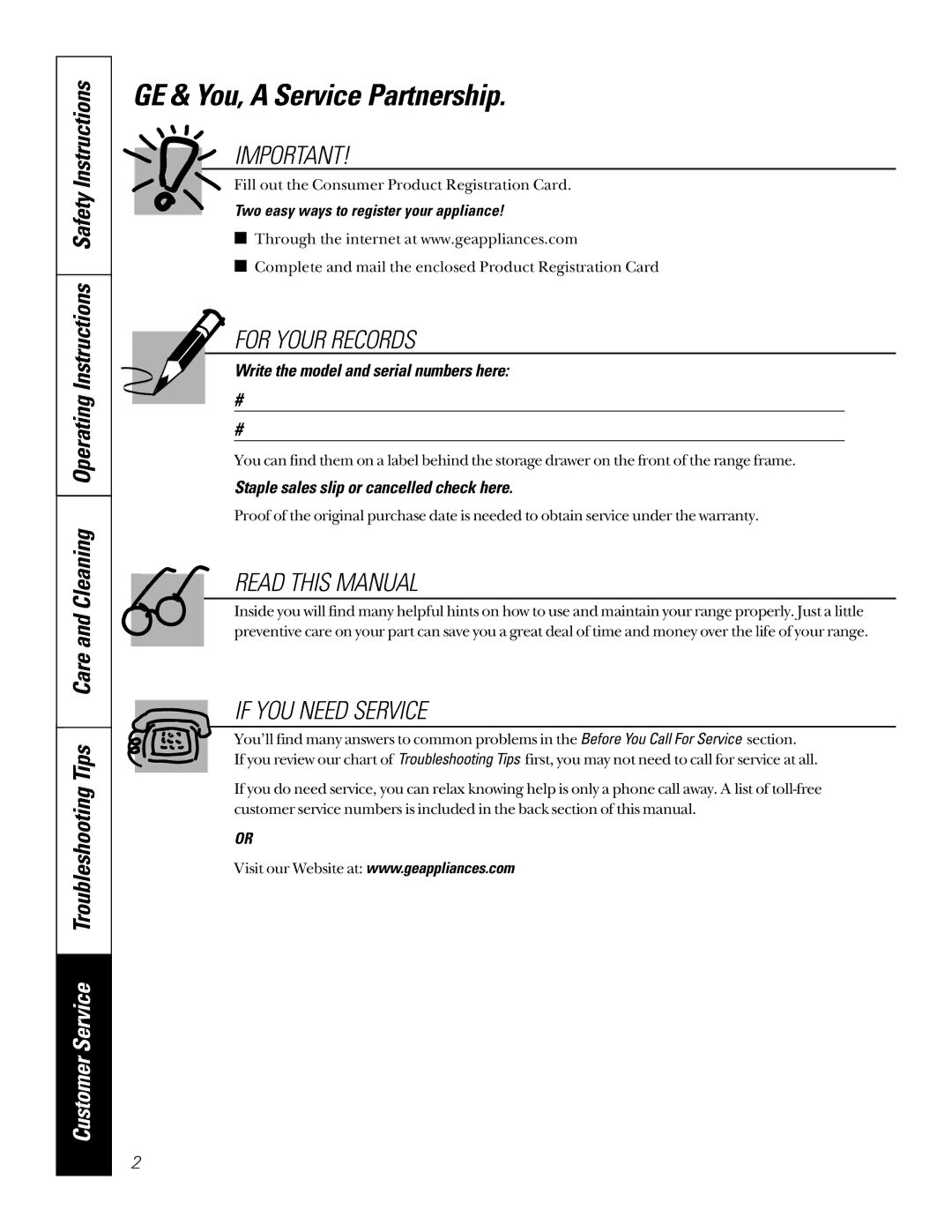 Sharp JB960, JBP85, JB940, JB965 owner manual GE & You, a Service Partnership, Write the model and serial numbers here 