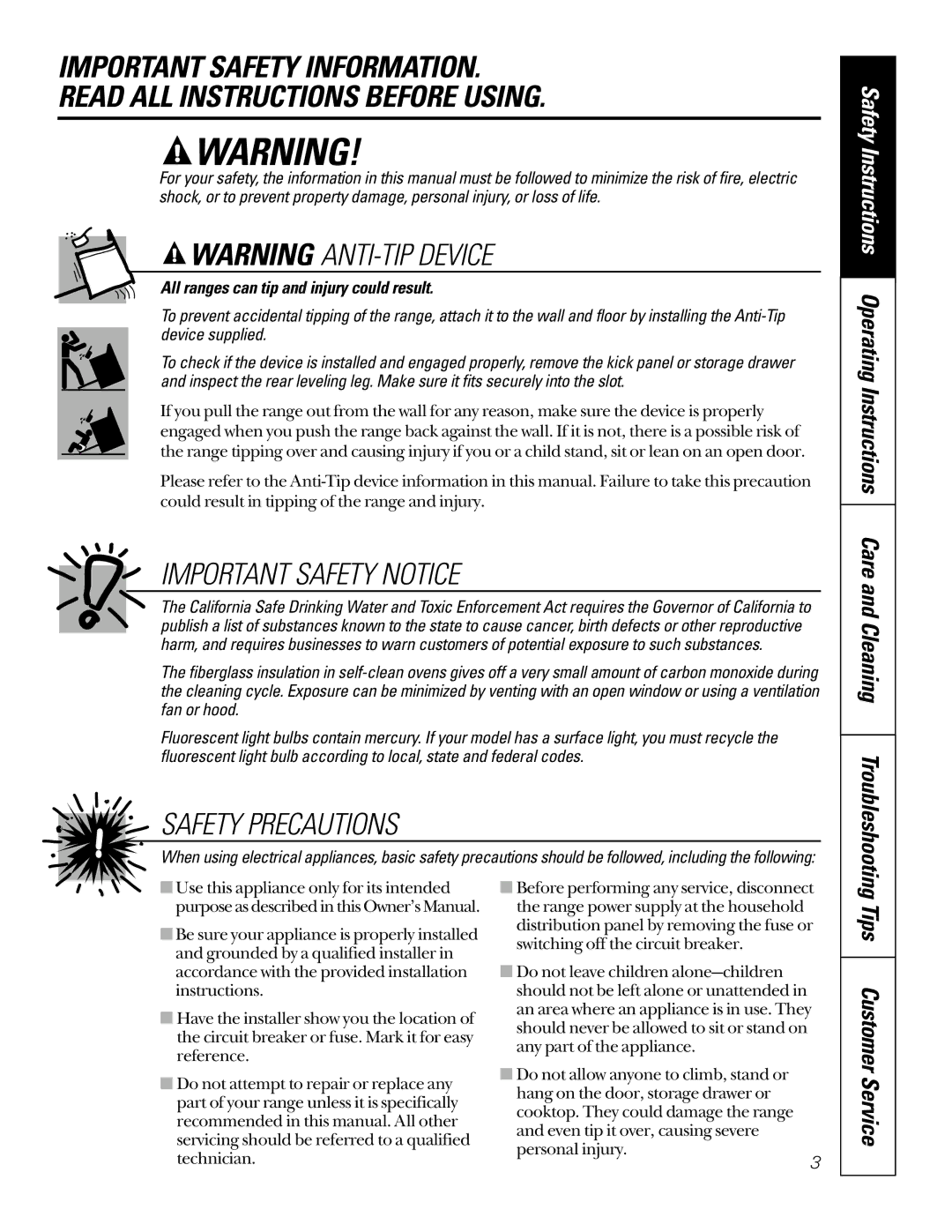 Sharp JB965, JBP85, JB940, JB960 owner manual Tips Customer Service, All ranges can tip and injury could result 