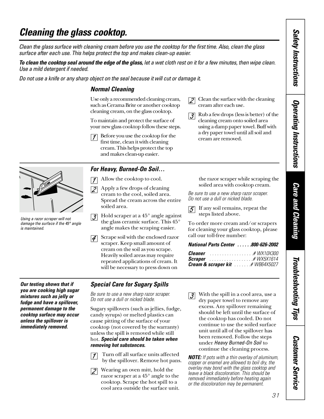 Sharp JB965, JBP85, JB940 Cleaning the glass cooktop, Safety Instructions Normal Cleaning, Special Care for Sugary Spills 