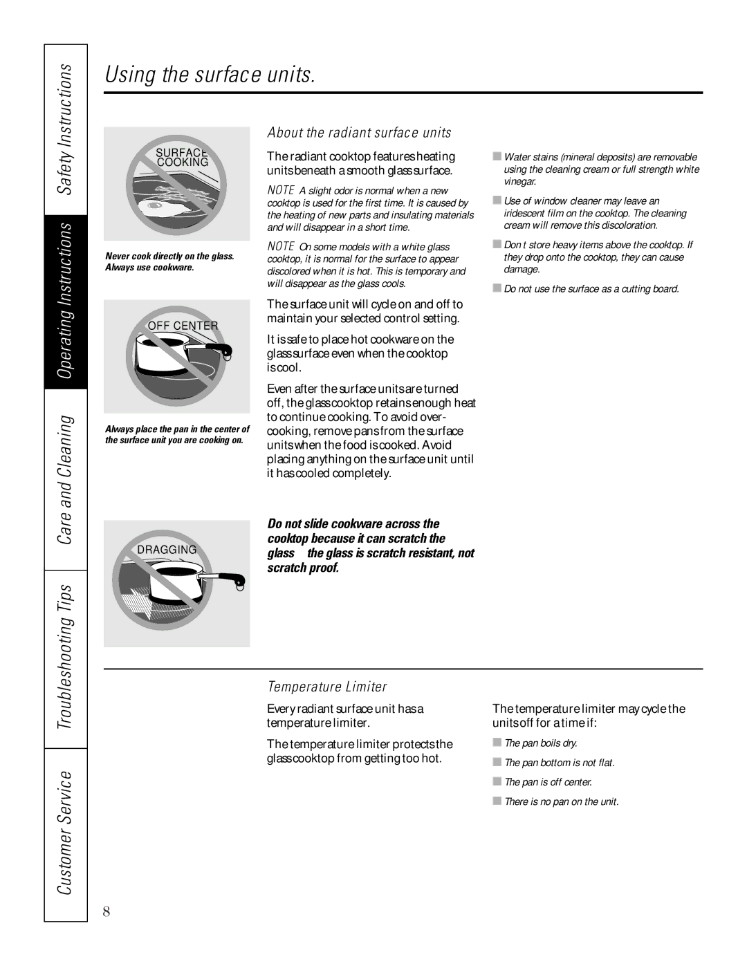 Sharp JBP85, JB940, JB960 Instructions, Temperature Limiter, About the radiant surface units…, Troubleshooting Tips Care 