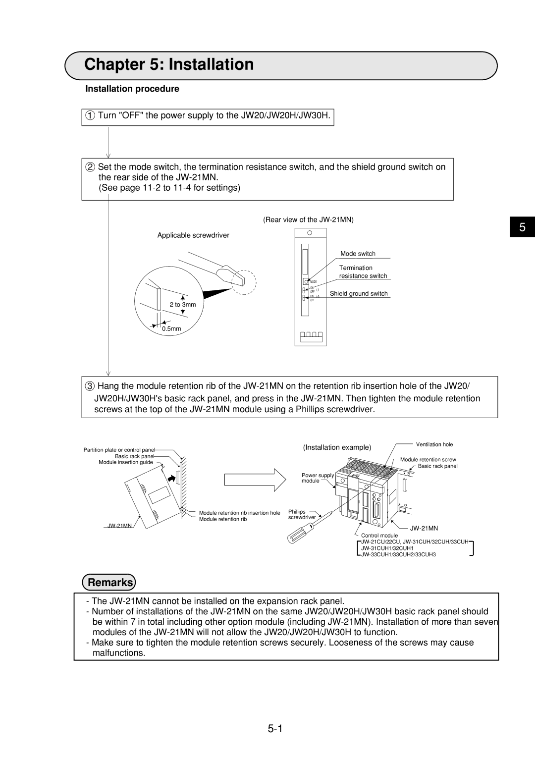 Sharp JW-21MN manual Remarks, Installation procedure 