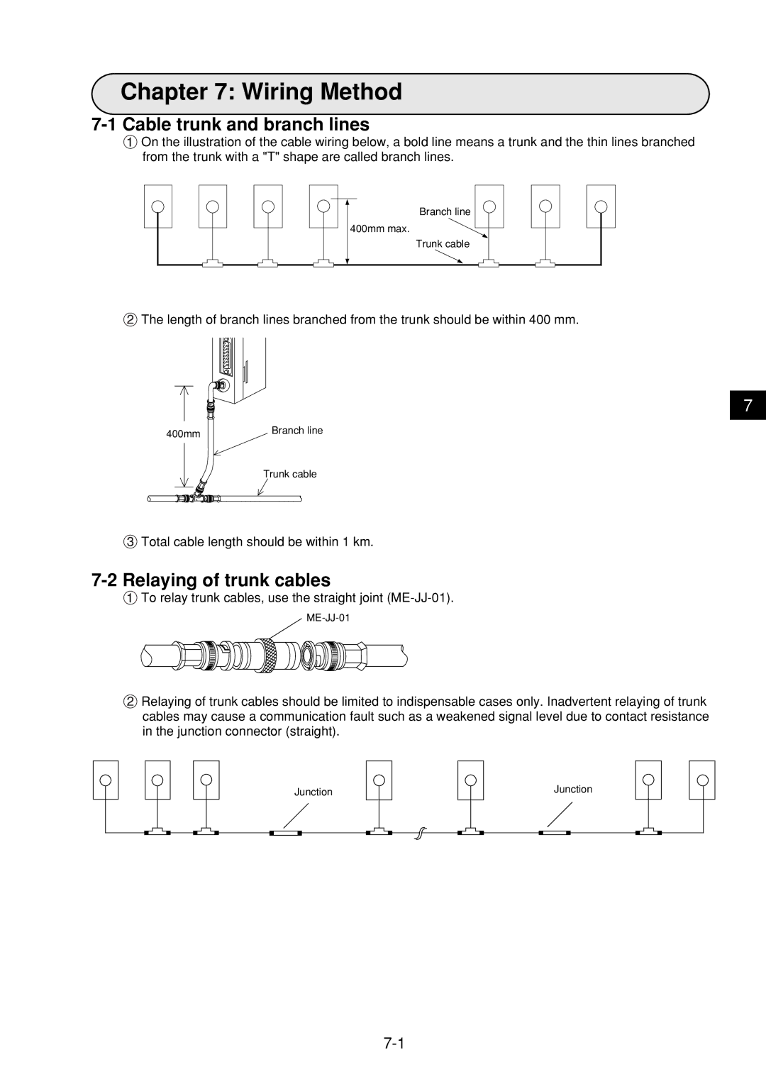 Sharp JW-21MN manual Wiring Method, Cable trunk and branch lines, Relaying of trunk cables 