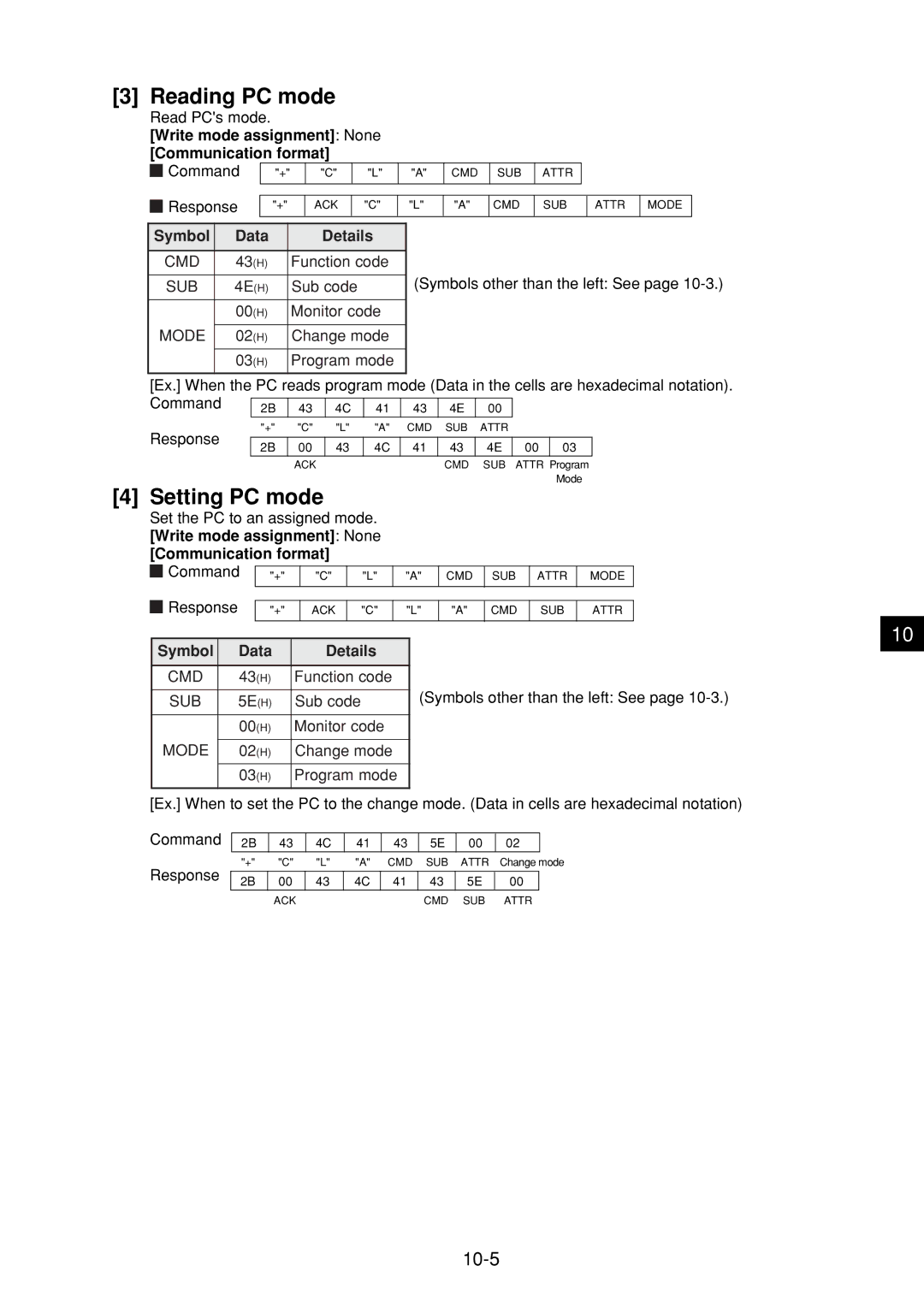 Sharp JW-21MN manual Reading PC mode, Setting PC mode, 10-5 