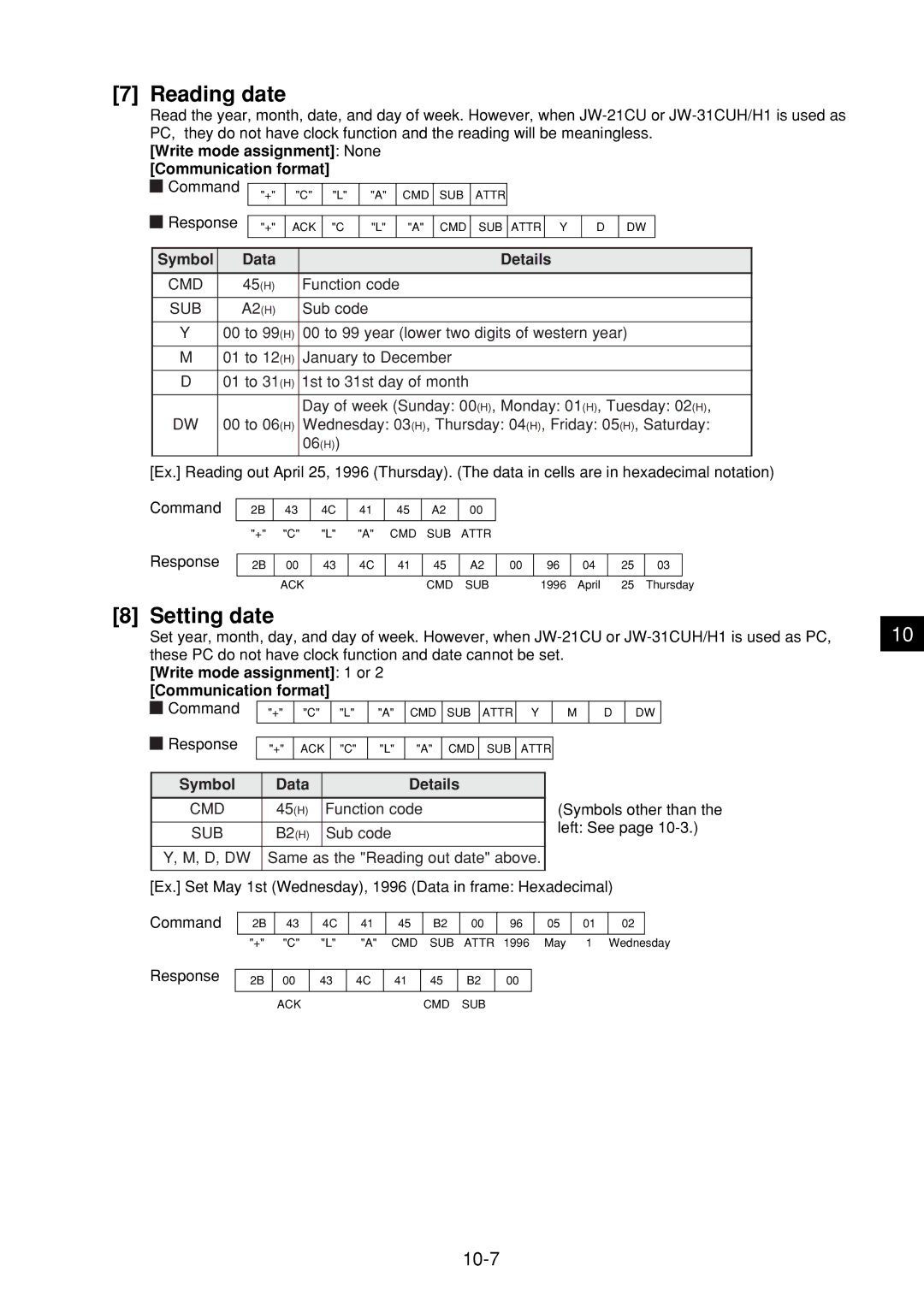 Sharp JW-21MN manual Reading date, Setting date, 10-7, Write mode assignment 1 or Communication format 