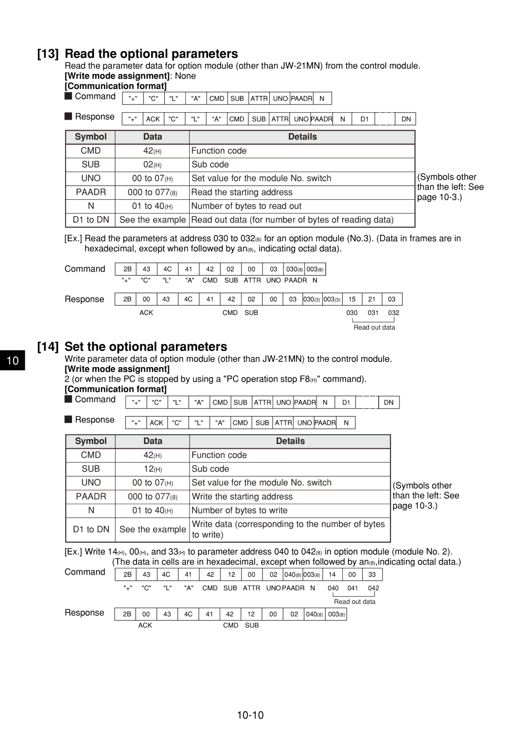 Sharp JW-21MN manual Read the optional parameters, Set the optional parameters, 10-10, Write mode assignment 