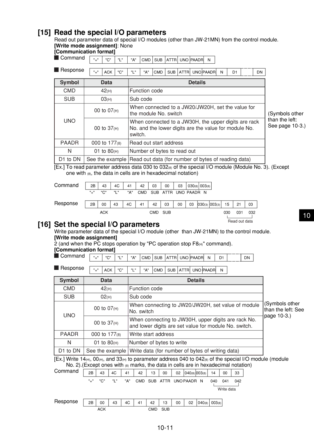 Sharp JW-21MN manual Read the special I/O parameters, Set the special I/O parameters, 10-11 