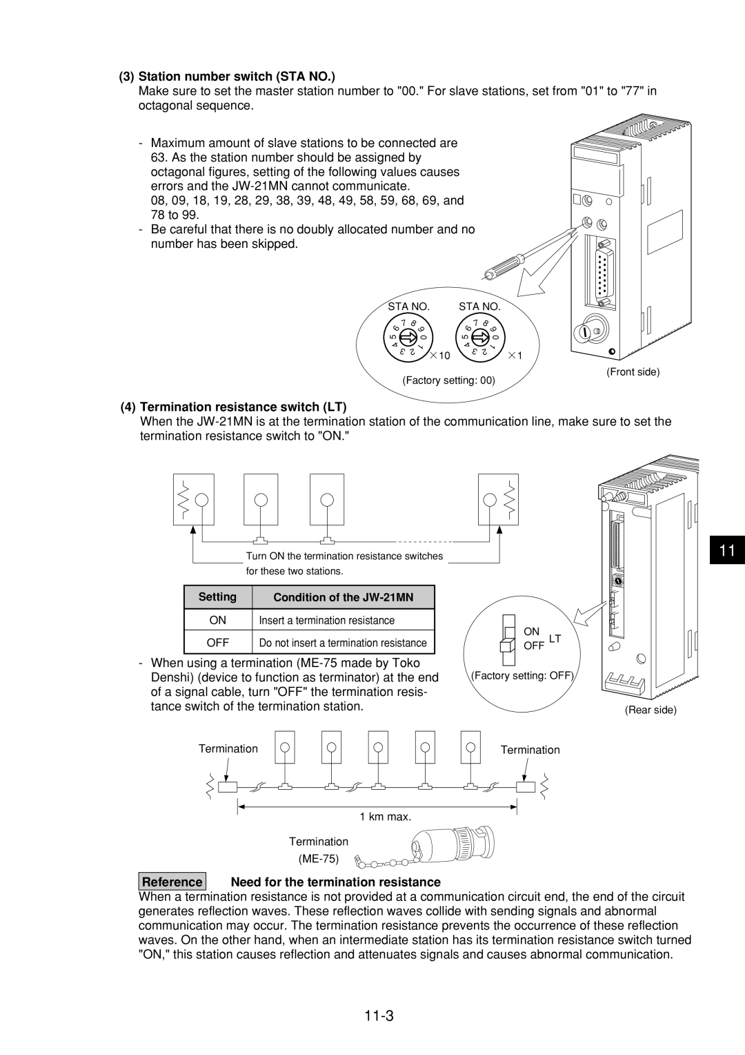 Sharp JW-21MN manual 11-3, Station number switch STA no, Termination resistance switch LT 