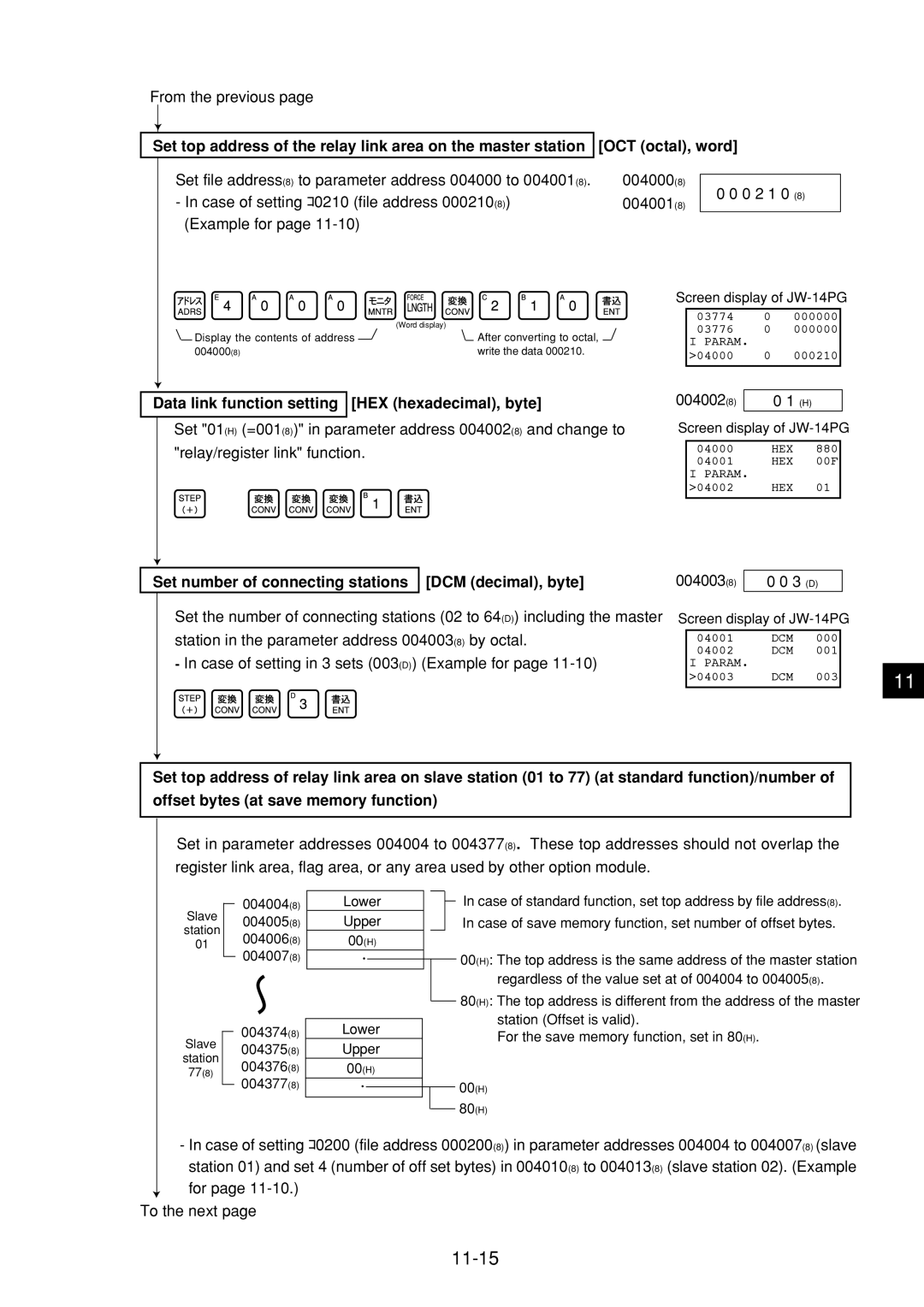 Sharp JW-21MN 11-15, Data link function setting HEX hexadecimal, byte, Set number of connecting stations DCM decimal, byte 