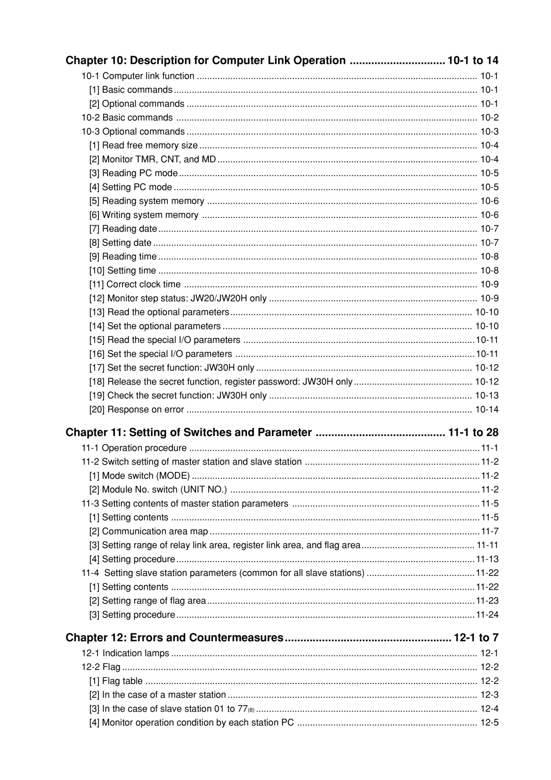 Sharp JW-21MN manual Description for Computer Link Operation 10-1 to, Setting of Switches and Parameter 11-1 to 