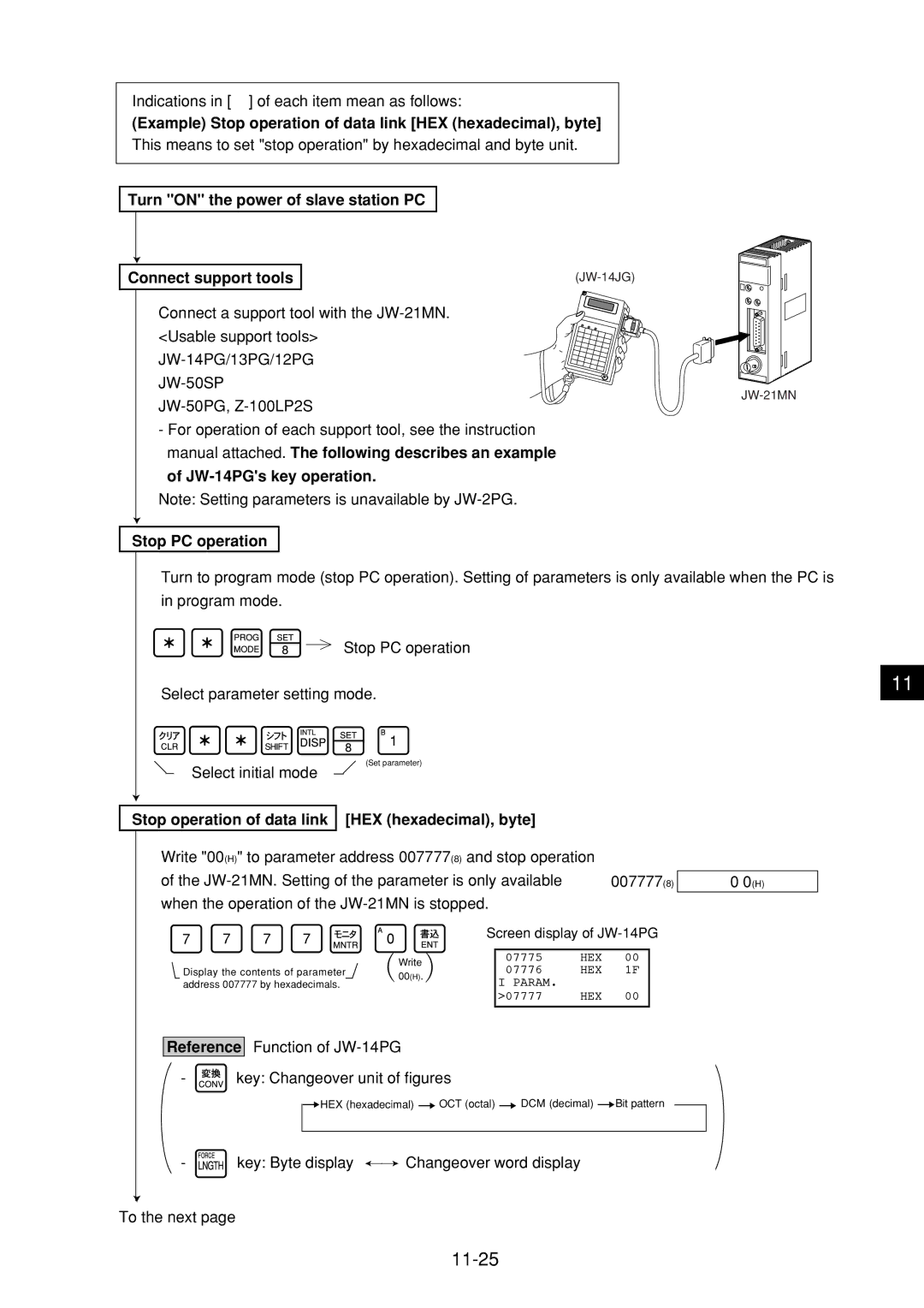 Sharp JW-21MN manual 11-25, Turn on the power of slave station PC Connect support tools 