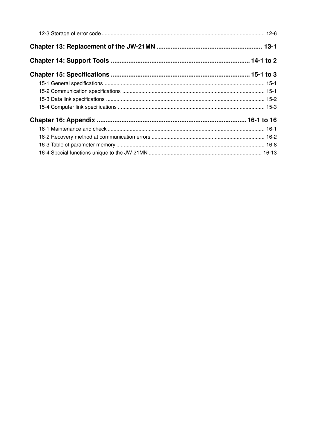 Sharp JW-21MN manual 13-1, Support Tools 14-1 to Specifications 15-1 to, Appendix 16-1 to 