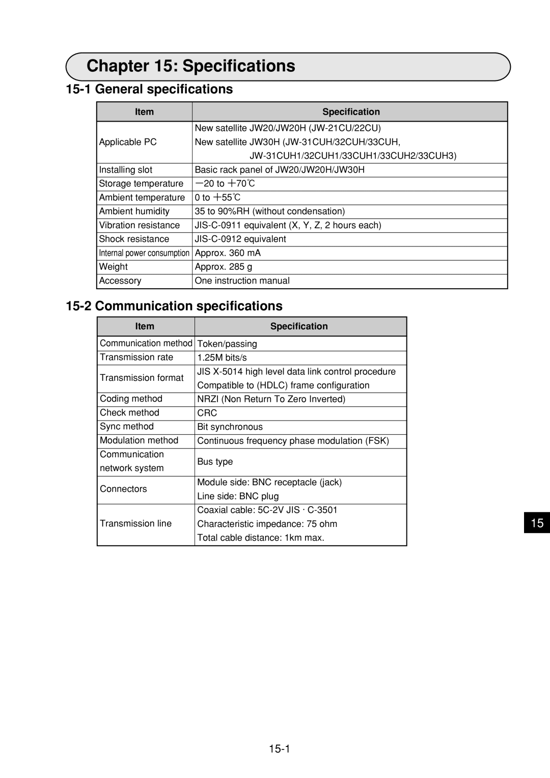 Sharp JW-21MN manual Specifications, General specifications, Communication specifications, 15-1 