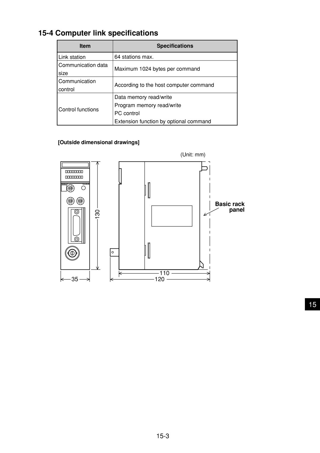 Sharp JW-21MN manual Computer link specifications, 15-3, Outside dimensional drawings 