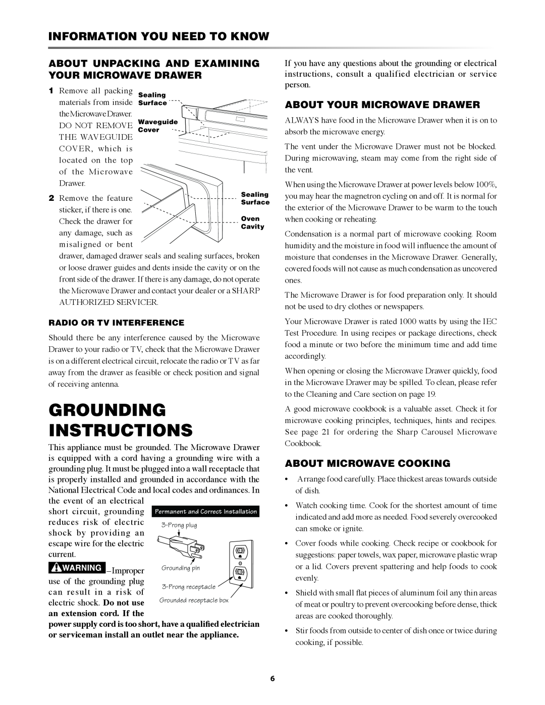 Sharp KB-6525P Grounding Instructions, Information You Need To know, About Unpacking and Examining Your Microwave Drawer 