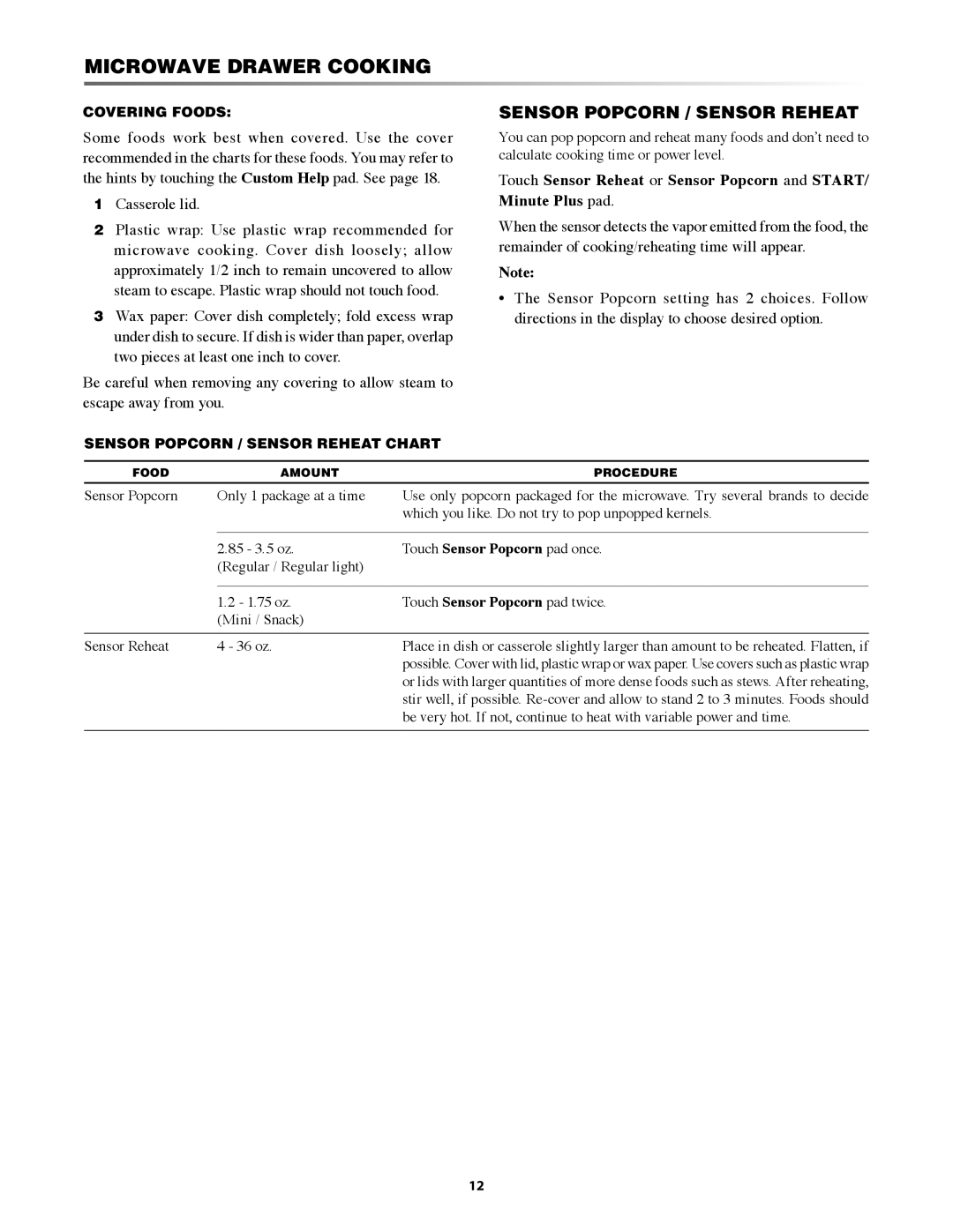 Sharp KB6525PKRB operation manual Sensor popcorn / sensor reheat, Only 1 package at a time, 36 oz 