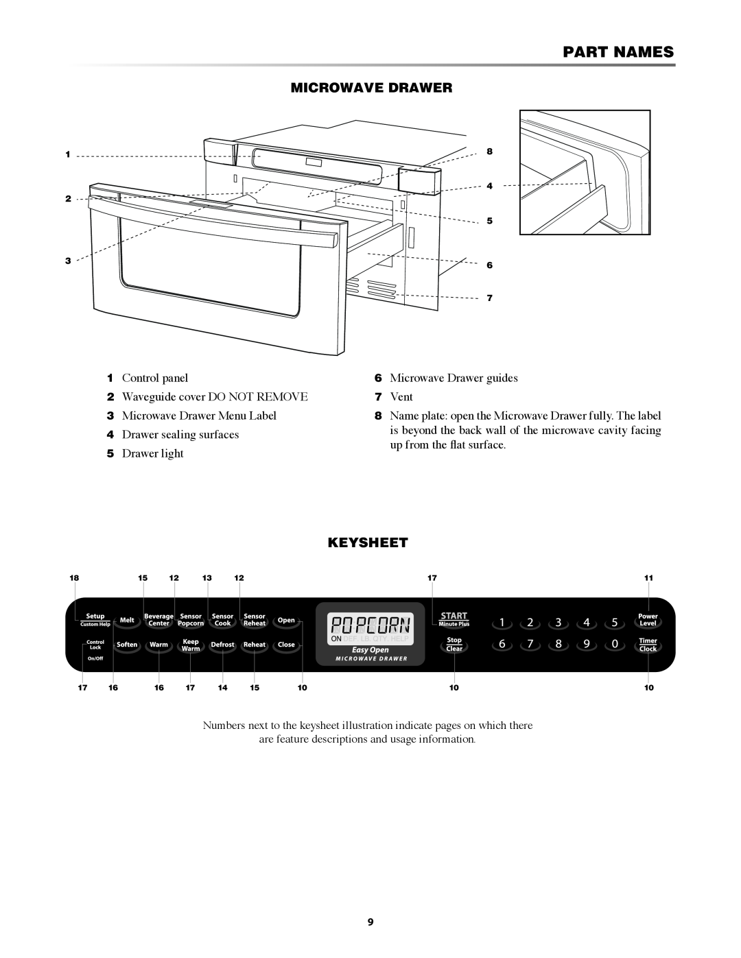Sharp KB6525PKRB operation manual Part Names, Microwave Drawer, Keysheet 