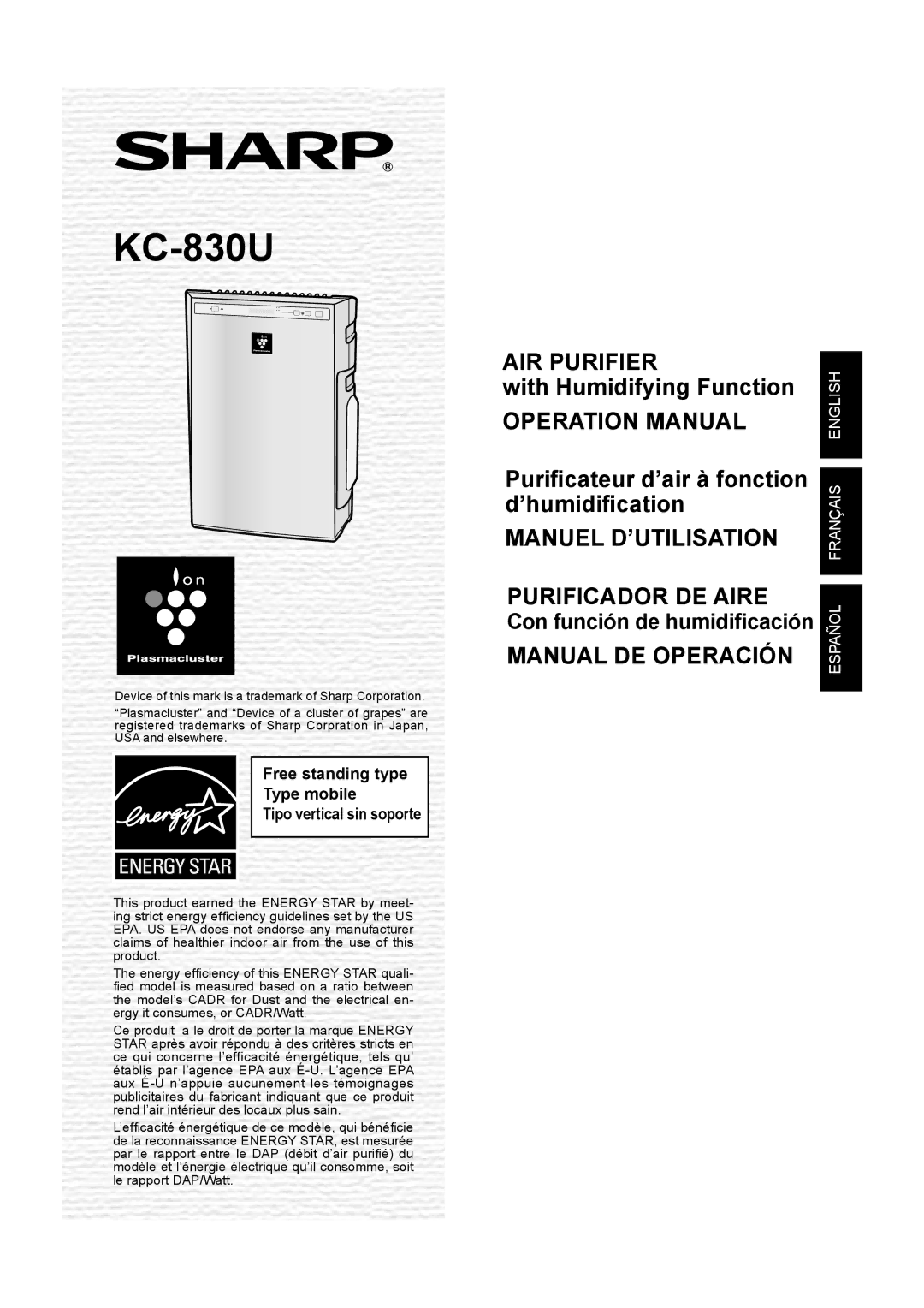 Sharp KC-830U operation manual AIR Purifier, Manuel D’UTILISATION Purificador DE Aire, Manual DE Operación 